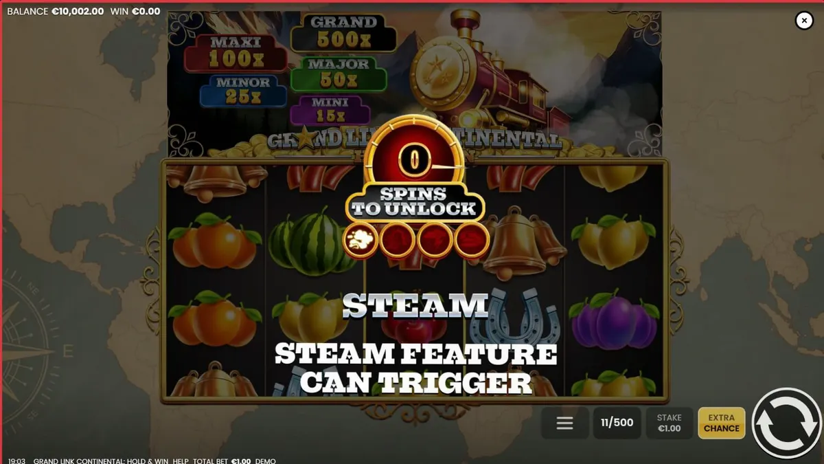 Grand Link Continental: Hold & Win slot machine interface showing vintage train theme